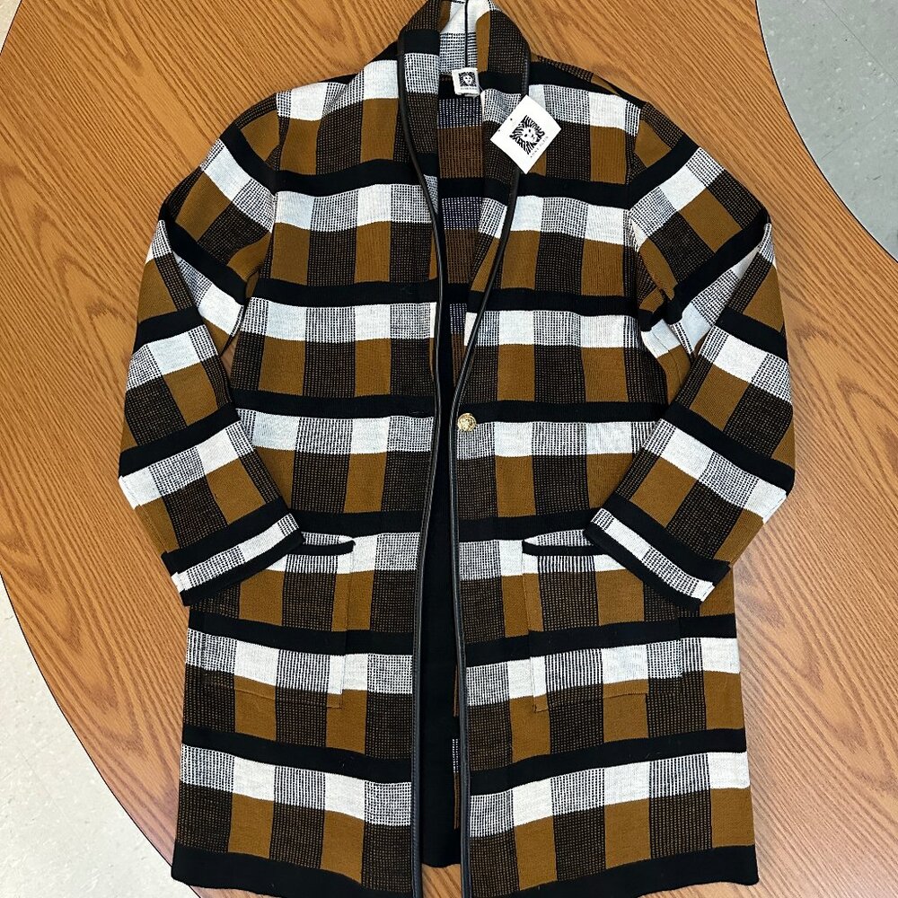 Anne Klein Long Plaid Knit Blazer Cardigan